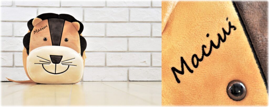 Pluszowy plecak lew z imieniem Maciek. Personalizowany prezent dla 2 latka.